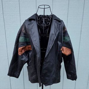 80s-90s Pelle Mens Vintage Premium Leather Jacket w/ Colorful Accents. Large